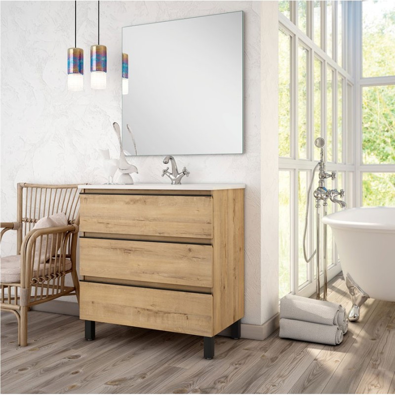 Ens. salle de bains Black Inglet sol 120cm 6 tiroirs Roble Ostipo